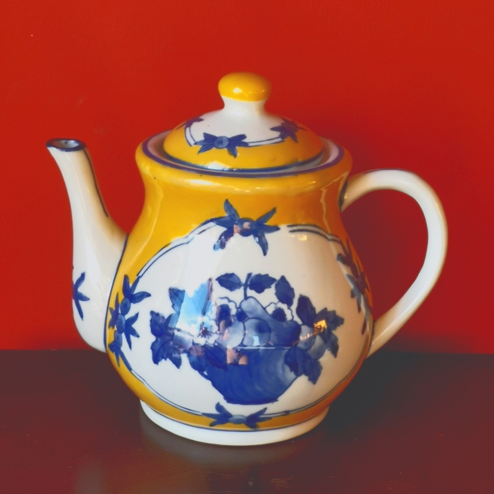 Vintage Ceramic Blue and Yellow Tea Pot / Coffee Pot
